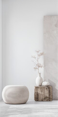 Minimalist relaxing interiors design composition with minimal furniture, window lighting and copy space. Residential realty luxurious property in neutral colors.
