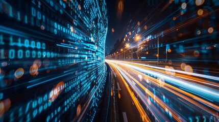 Obraz premium capturing digital data flow on a road, illustrating modern technology and connectivity