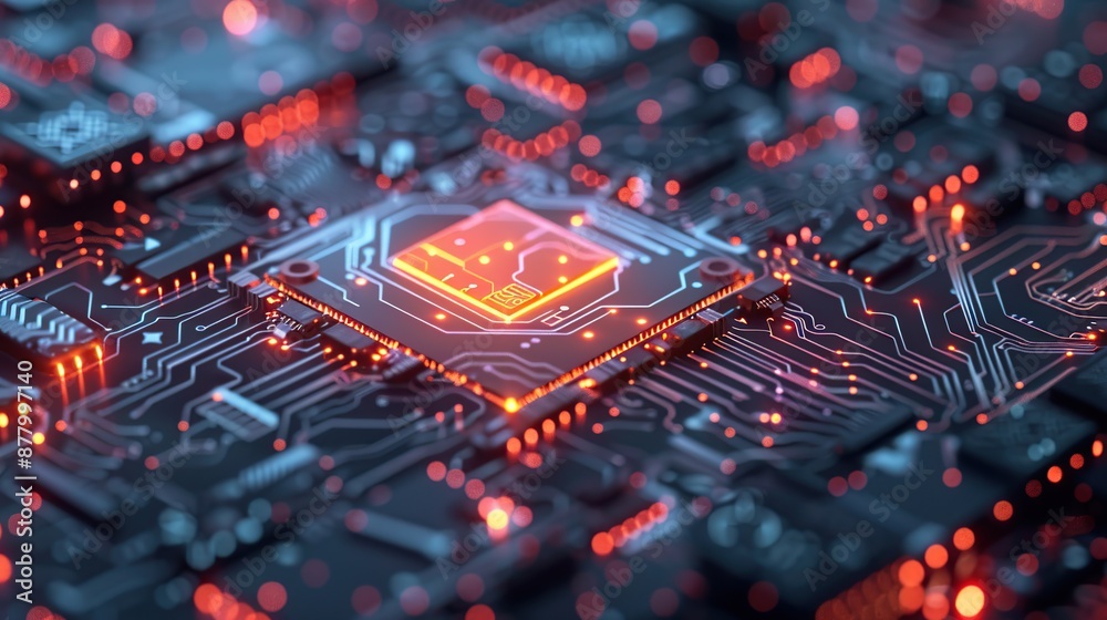 Poster glowing microchip on circuit board with red and blue lights