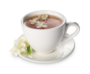 Aromatic jasmine tea in cup and flowers isolated on white