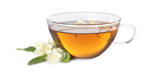 Aromatic jasmine tea in cup, flowers and green leaves isolated on white