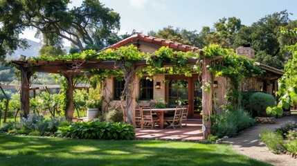Fototapeta premium ranch-style home with a cozy, vine-covered pergola that provides a shady retreat in the garden