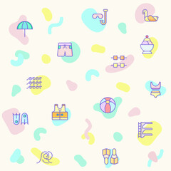 Vector illustration of a cute swimming and pool. Collection of diving, summer, beach activity, swimsuit, bikini, trunks, swimming cap, glasses, flippers, swim and other elements. Isolated on beige.