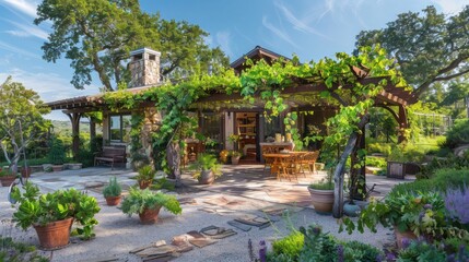 ranch-style home with a cozy, vine-covered pergola that provides a shady retreat in the garden