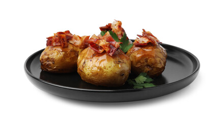 Delicious baked potatoes with bacon and parsley isolated on white