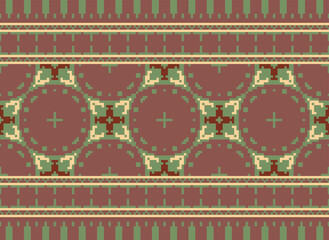 Pixel Ikat seamless ogee vector pattern. Aztec tribal abstract modern textile print. Damask style background with stripes and chevron. Ethnic watercolor fabric. Boho