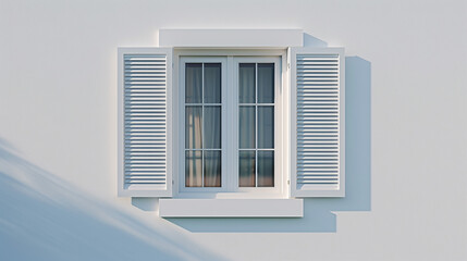 A close-up shot of a modern house window with white shutters on a pristine white background
