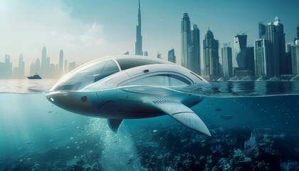 Fototapeta premium A modern underwater vehicle for tourism on the ocean floor off the coast of a metropolis with skyscrapers.