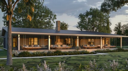 Obraz premium ranch-style home with a front porch that includes a series of swing seats, perfect for enjoying the cool evenings