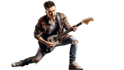 Energetic Guitarist Performing On Stage With Electric Guitar