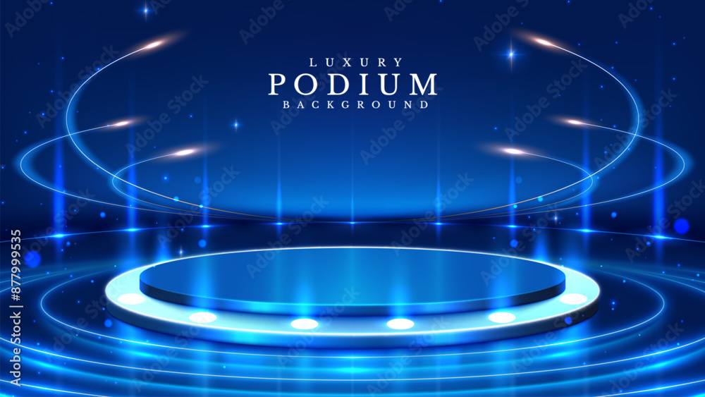 Canvas Prints empty blue pedestal with bright circular neon lights surrounding it, decorated with bokeh elements a