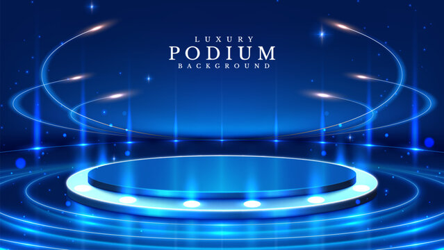 Empty Blue Pedestal with Bright Circular Neon Lights Surrounding It, Decorated with Bokeh Elements and Stars. Elegant Style Background for Product Promotion or Award Ceremony. Vector illustrations.