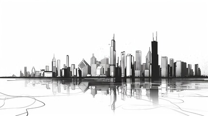 A detailed skyline illustration features clean lines, showcasing intricate architectural details clearly.