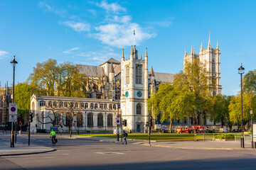 Parliament square in centre of London with Westminster Abbey at background, UK