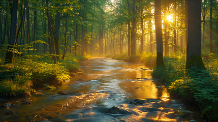 Obraz premium Serene Forest Scenery with Gentle River and Soft Illumination - A Peaceful Natural Landscape