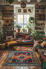 A cozy, bohemianstyled living room is rich with vibrant textiles and eclectic decor, radiating warmth and creativity