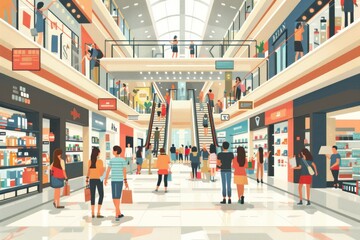 Flat design illustration showcasing a vibrant shopping scene in a bustling mall. The image features shoppers carrying bags, colorful store displays, and diverse products on shelves. Emphasize the