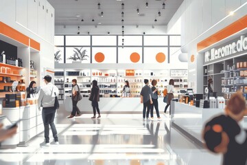 Fototapeta premium Flat design illustration of a modern retail store with a sleek, minimalist layout. Shoppers are seen exploring the store, checking out products on shelves, and interacting with friendly staff. The