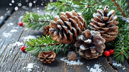 Fototapeta premium A collection of pine cones arranged on a wooden table
