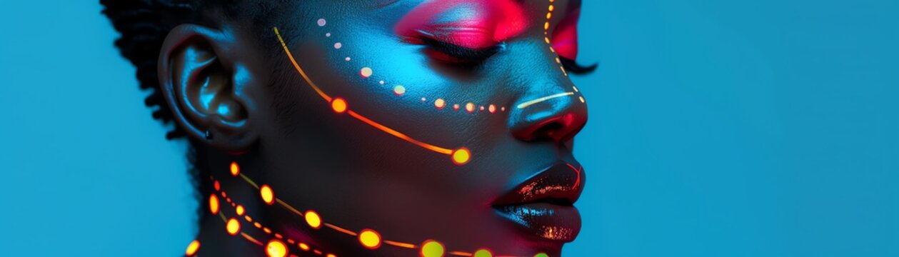 A portrait of an African woman with a futuristic look, featuring circuit pattern makeup in vibrant colors
