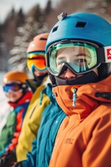 A group of people wearing skis and goggles, enjoying the snow-filled landscape