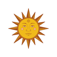 Hand drawn of sun esoteric symbol. Alchemy mystical magic elements in colorful doodle vintage drawing style.