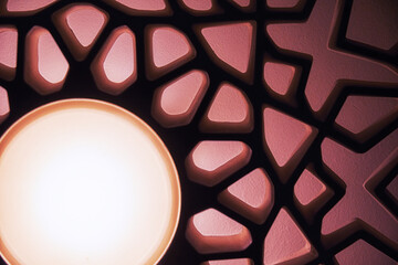 Abstract graphic picture of sun and sunbeams in pink light color. Abstract arabic ethnic figures and symbols