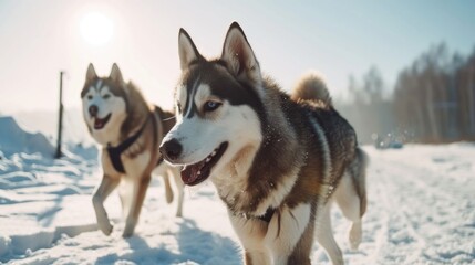 Two dogs running and having fun in a snowy environment, surrounded by trees