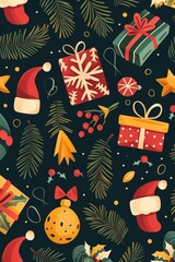 A festive Christmas pattern featuring gifts and ornaments