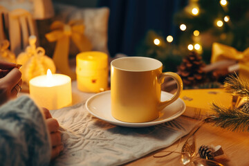 Fototapeta premium A person enjoying a cup of coffee at a cozy table setting