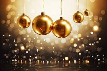 Fototapeta premium A group of golden Christmas ornaments hanging from strings