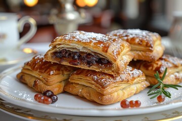 A plate of Eccles cakes, flaky pastries filled with currants and dusted with sugar. 