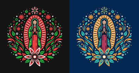 Virgin of Guadalupe, stylized illustration Mexican virgin floral design, sacred Catholic Mexico cartoon