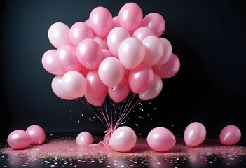 Vibrant birthday balloons, glitter, and confetti in pink . A wide shot captures the festive balloon bunch in style. black background
