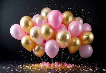 Vibrant birthday balloons, glitter, and confetti in gold and pink . A wide shot captures the festive balloon bunch in style. black background
