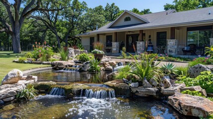 ranch-style home with a front yard that features a series of small, decorative ponds, each with its own mini waterfall, creating a soothing sound environment