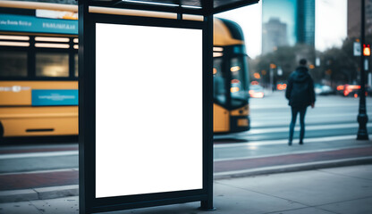 Empty outdoor poster advertisement billboard mockup, Modern Bus shelter marketing banner space in city