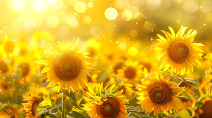 Obraz premium A beautiful field of vibrant sunflowers basking in golden sunlight, creating a warm and enchanting atmosphere perfect for capturing summer's essence.