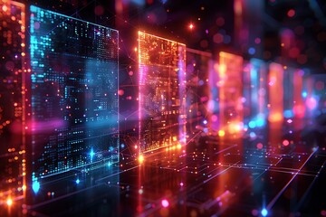 Obraz premium Abstract network grid with files and folders, futuristic software interface, digital document management system, store, search and organize documents, corporate business, paperless office 