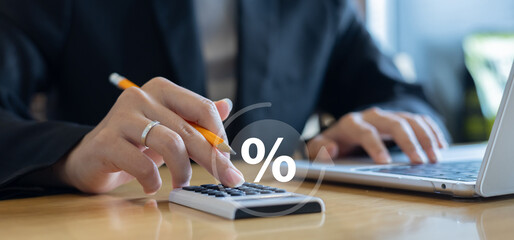 close up sales staff woman hand press on calculator to calculate about commission rate form...