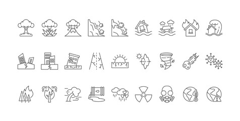 Set Of Outline Icons Depicting Various Natural Disasters As Earthquake, Flood, Tornado, Fire And Tsunami Linear Symbols