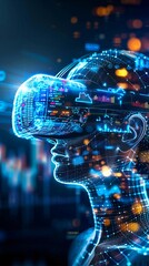 Obraz premium Futuristic digital representation of a person wearing a virtual reality headset with glowing abstract data elements.