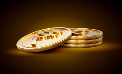Stack Of Golden Shiny Indian Rupee Rounded Coins On Shiny Golden Glow Background 3d Illustration
