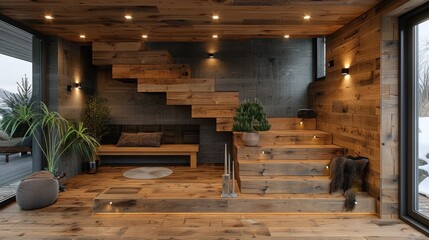 Rustic Interior Design with Wooden Stairs and Warm Lighting