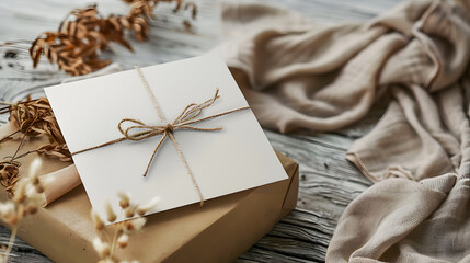 Elegant gift box tied with twine on rustic background, surrounded by soft fabric and dried flowers, perfect for celebrations and holidays.