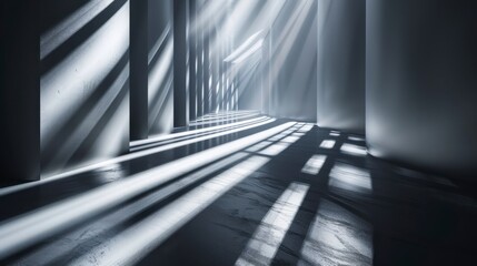 Obraz premium A curved corridor with white walls is illuminated by light streaks