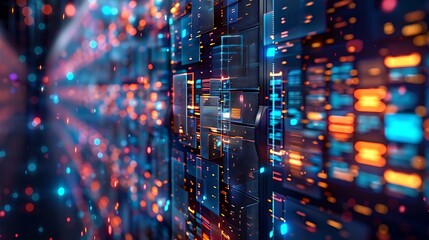 Obraz premium Abstract network grid with files and folders, futuristic software interface, digital document management system, store, search and organize documents, corporate business, paperless office 