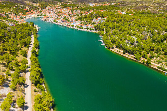 Aerial view of small historic town of Zaton on Adriatic coast in Croatia