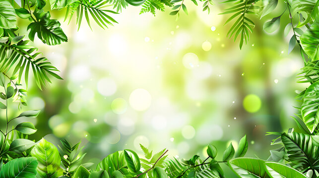Lush green foliage with a soft bokeh background creates a serene and fresh nature frame for designs and natural themes.