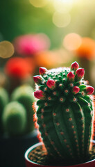 Flowered succulent cactus in pot, copypaste for design, macro detail image